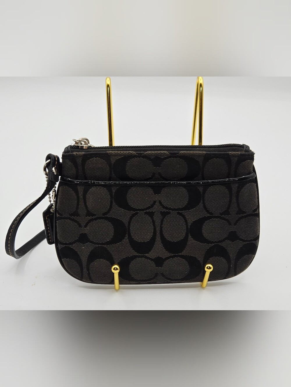 Coach Wristlet Black Signature Jacquard C's Canvas Leathet Trim